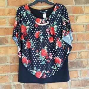 Brody Myles Dark Floral Blouse Komono Style L Black Red White Polka Dot